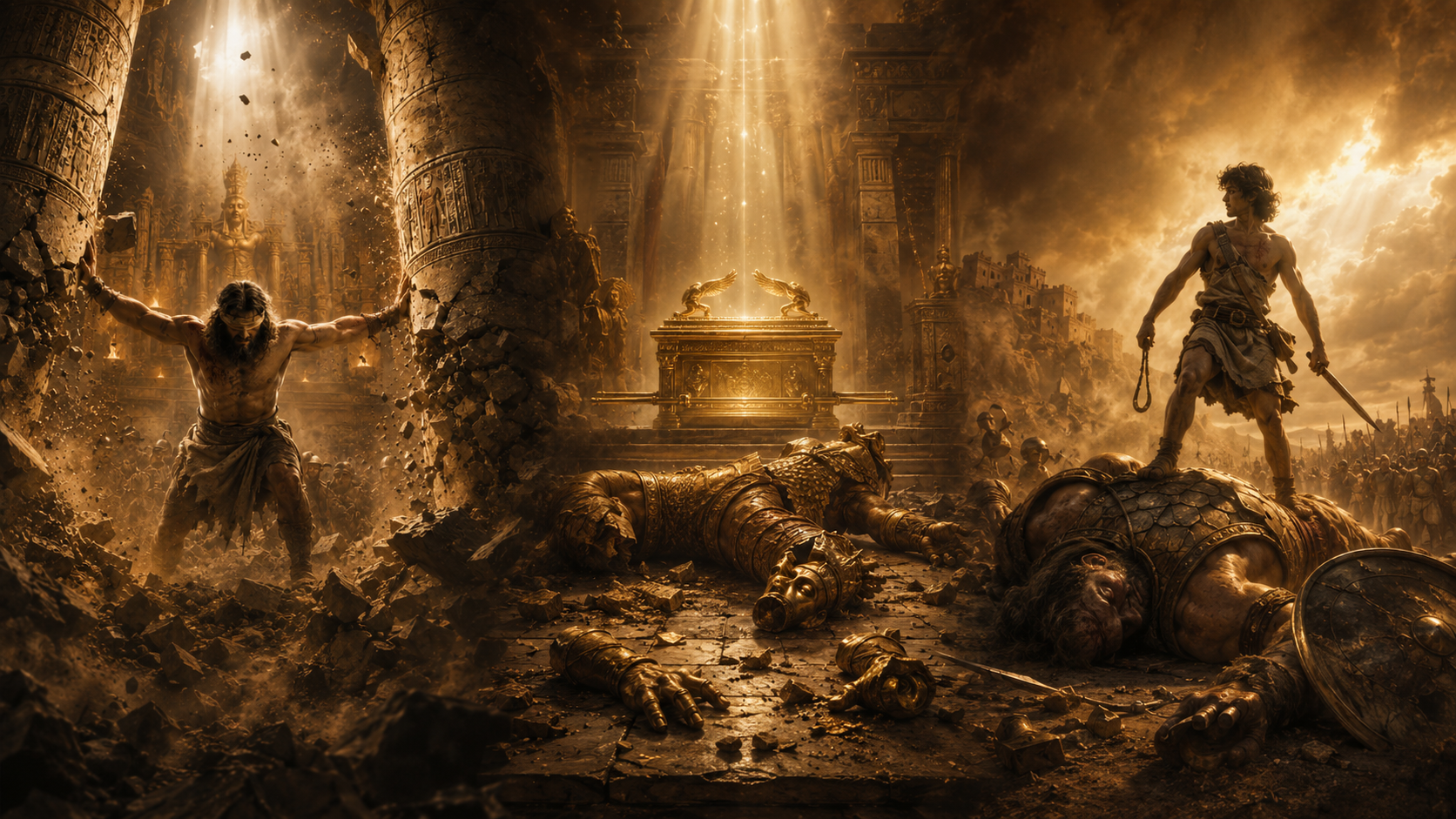 Samson standing between the pillars of Dagon’s house as a consecrated head under judgment