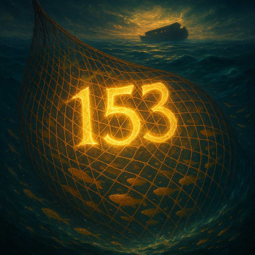 A glowing net with 153 large fish
