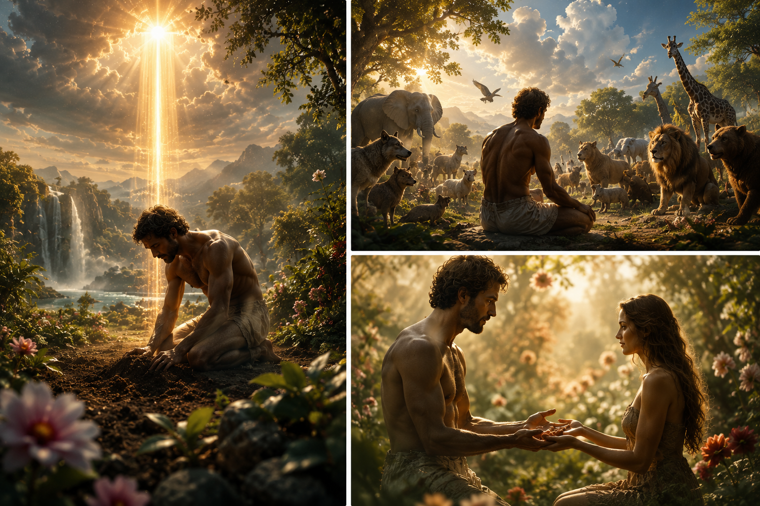 A three-panel Edenic sequence showing Adam near newly formed ground, Adam among the animals, and Adam with the woman in a garden, representing the layered movement from Day Three to Day Six