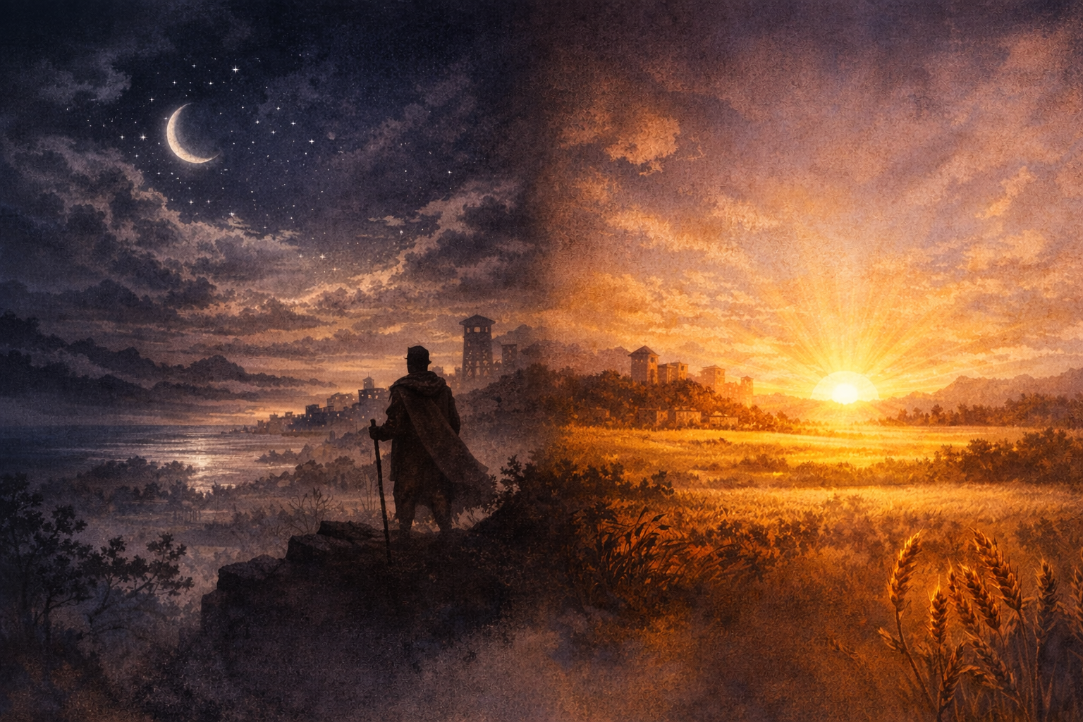 A symbolic prophetic clock scene moving from night toward dawn over fields and an ancient city.