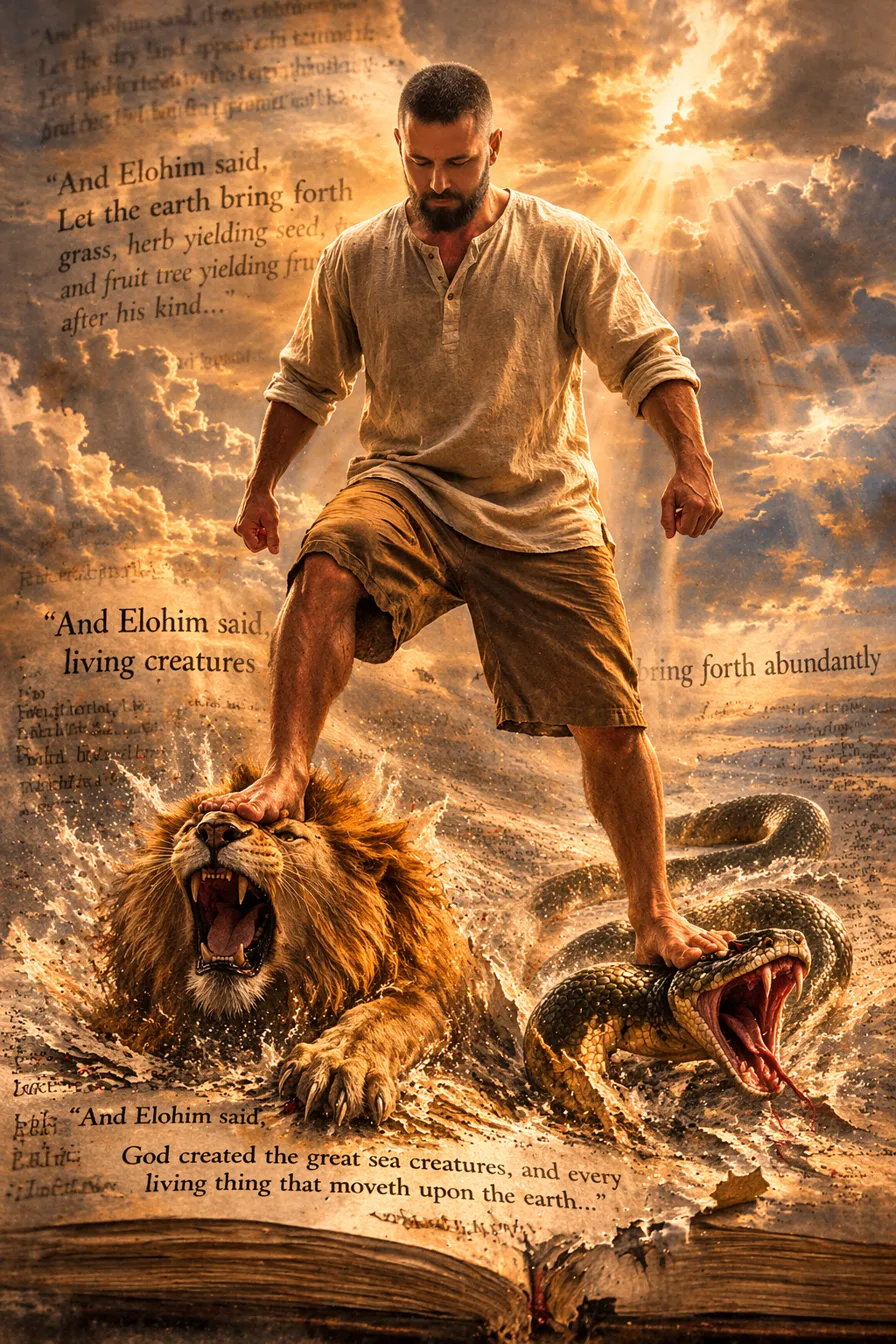 Man standing on lion and serpent over open Bible