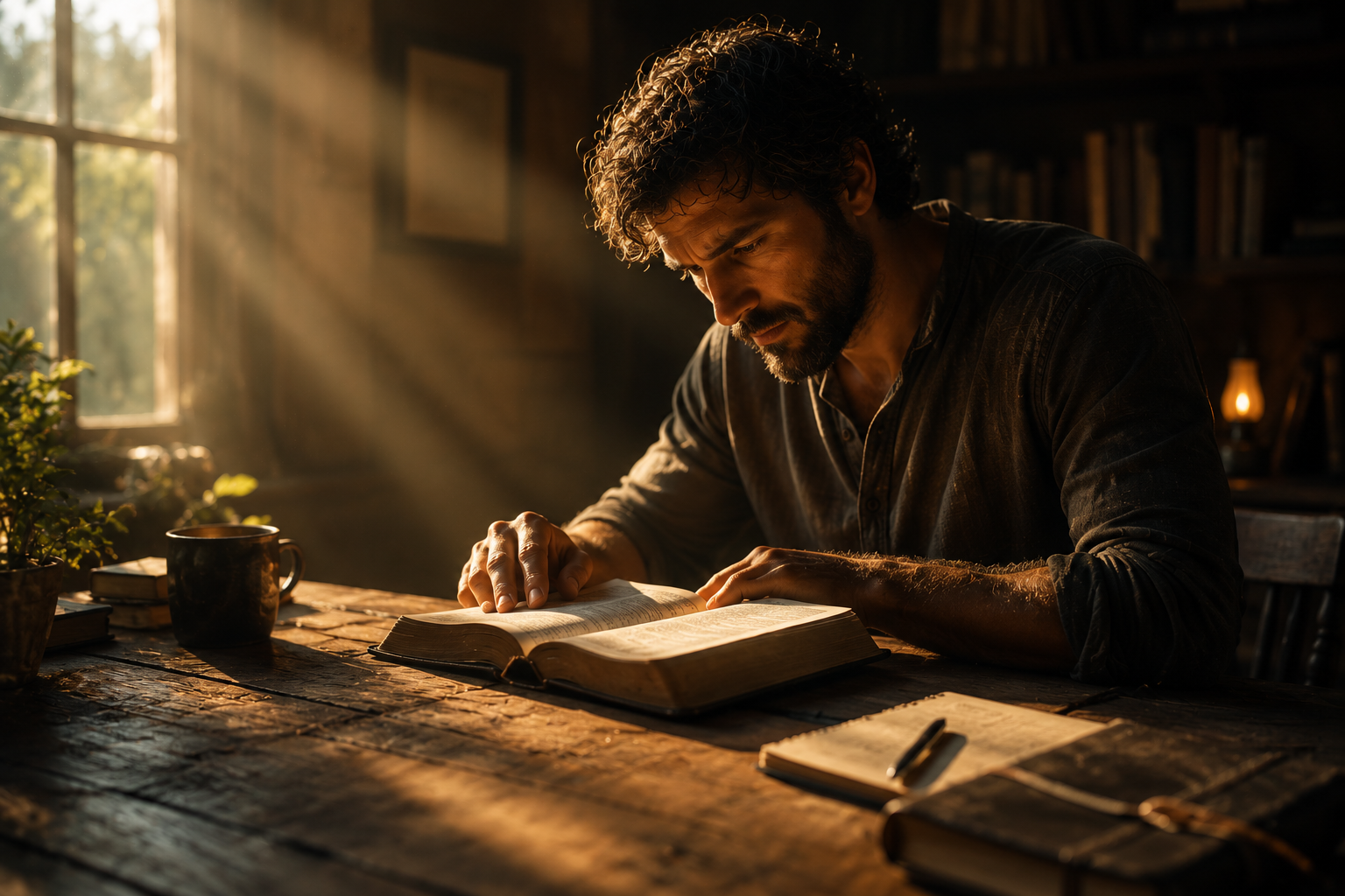 A man studying Scripture alone at a wooden table in warm morning light, representing the personal duty of every head to seek the Word for himself.