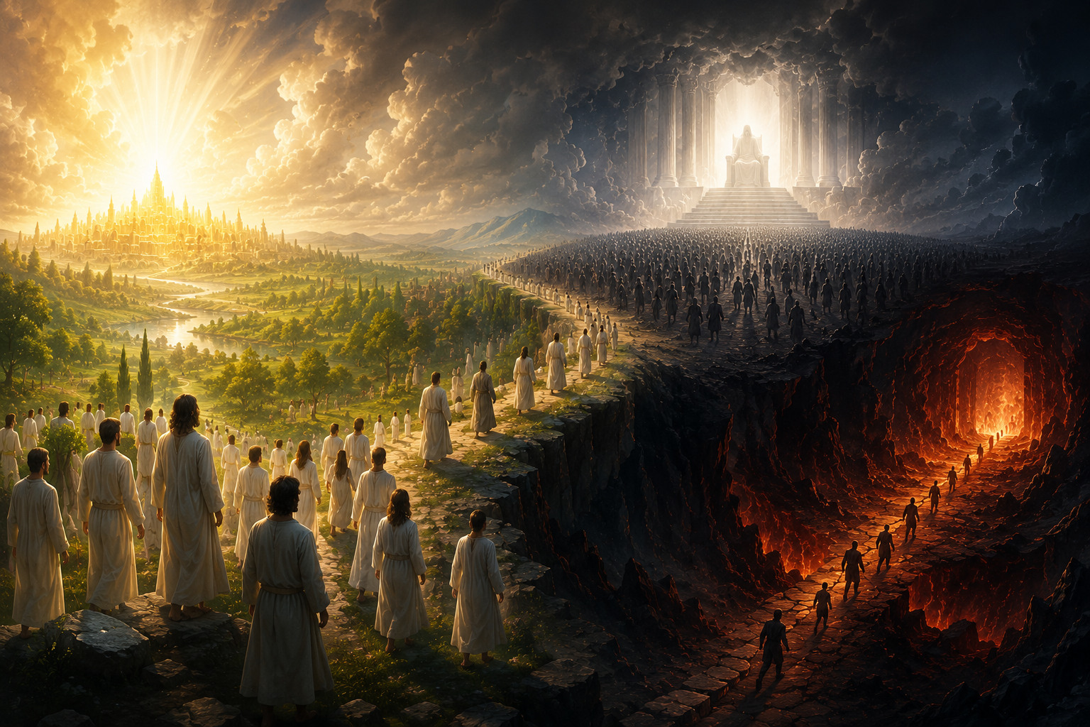 A symbolic scene of resurrection life, final judgment, and the second death