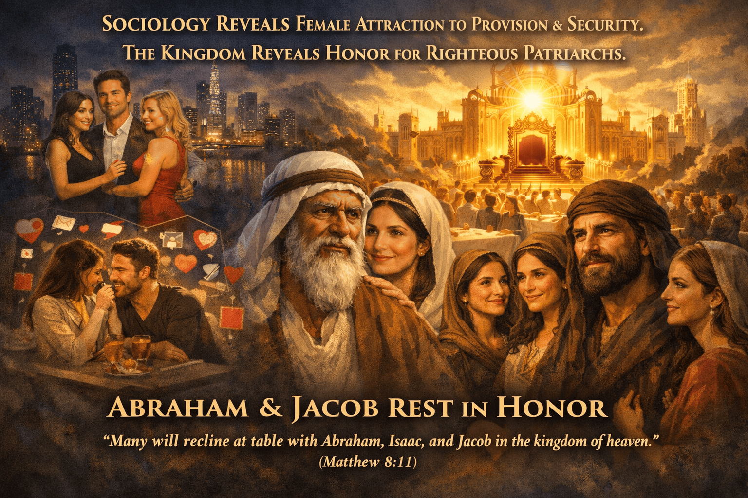 Abraham and Jacob honored in the kingdom, surrounded by women drawn to righteous honor and patriarchal esteem
