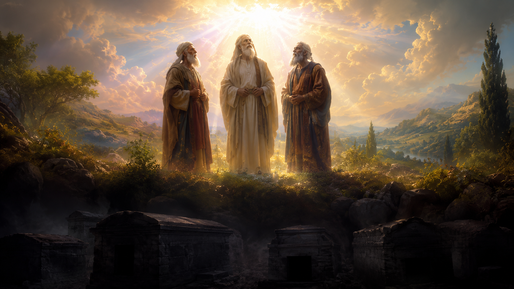 Ancient patriarchs standing alive in radiant light above shadowed tombs