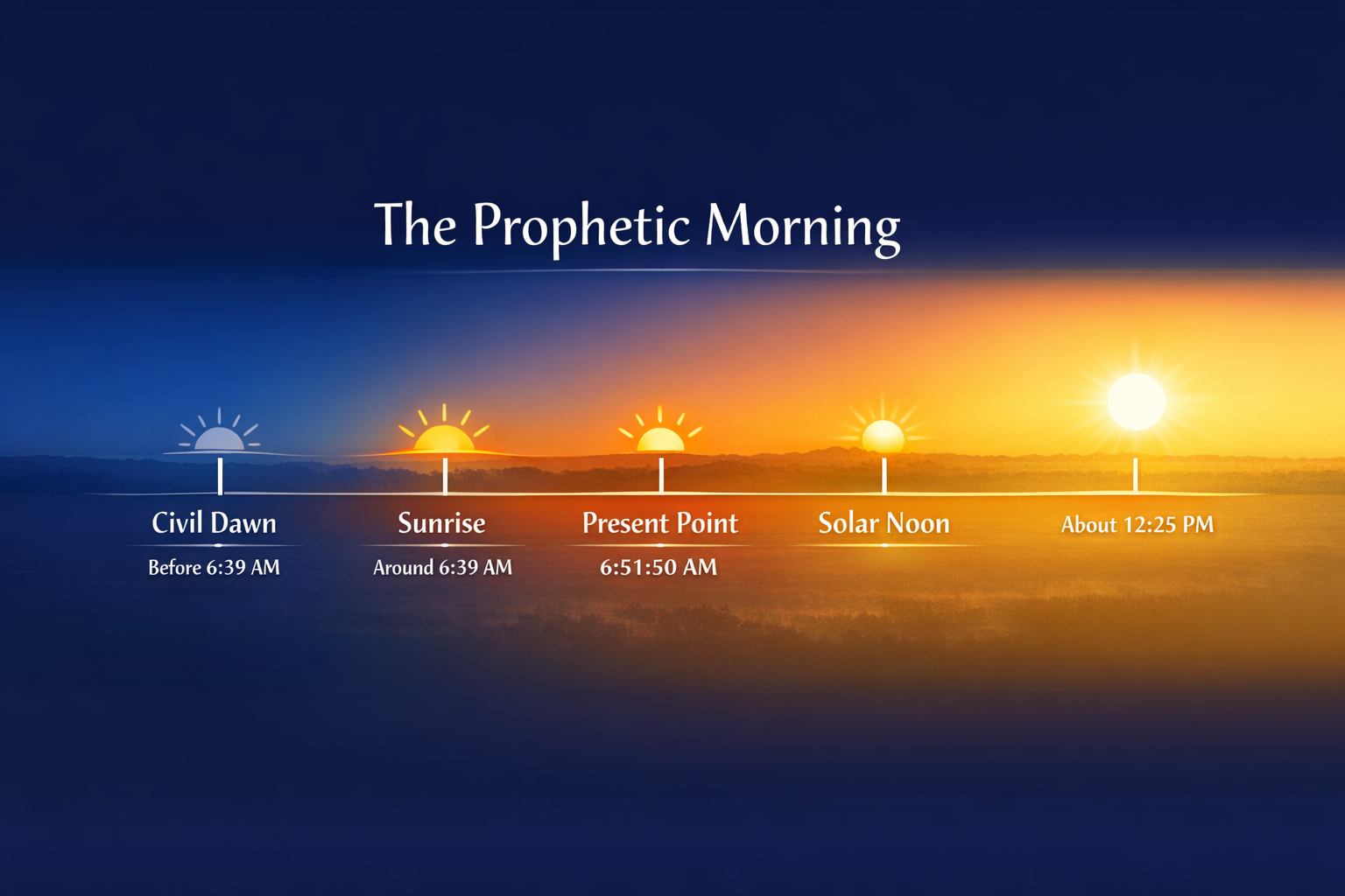 A visual summary of the prophetic morning, moving from civil dawn to sunrise to the present point and then toward solar noon.