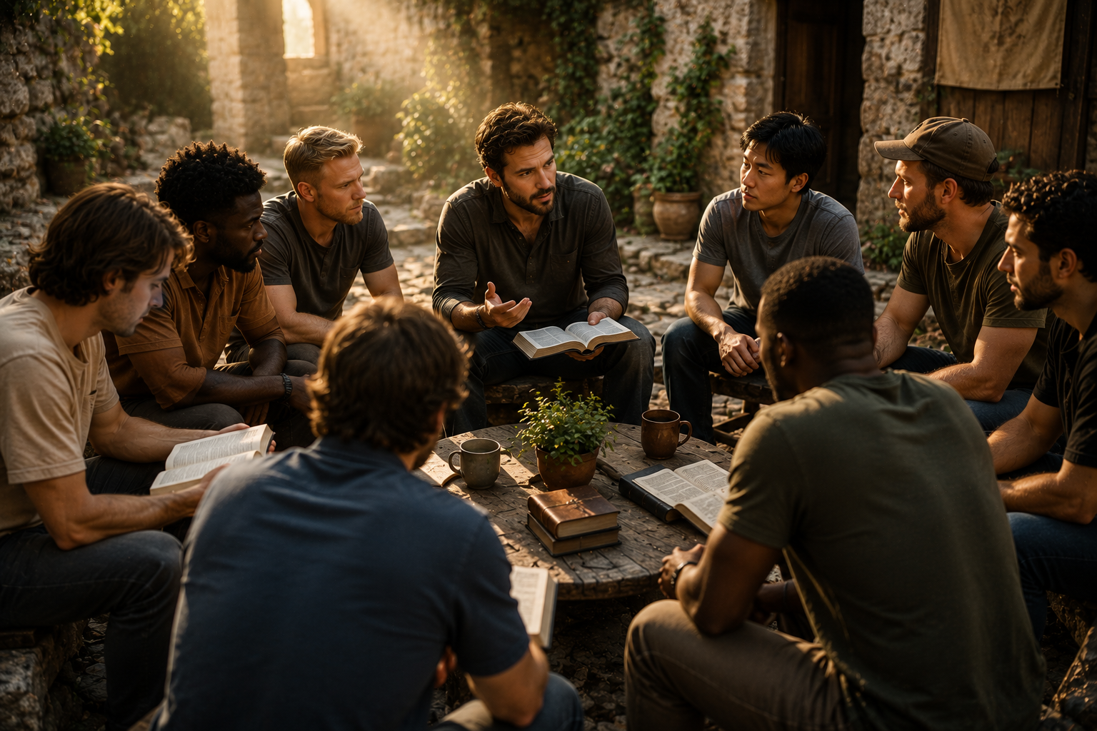 A diverse group of men gathered around open Scriptures in a sunlit stone courtyard, representing individual study brought into the qahal for mutual sharpening.