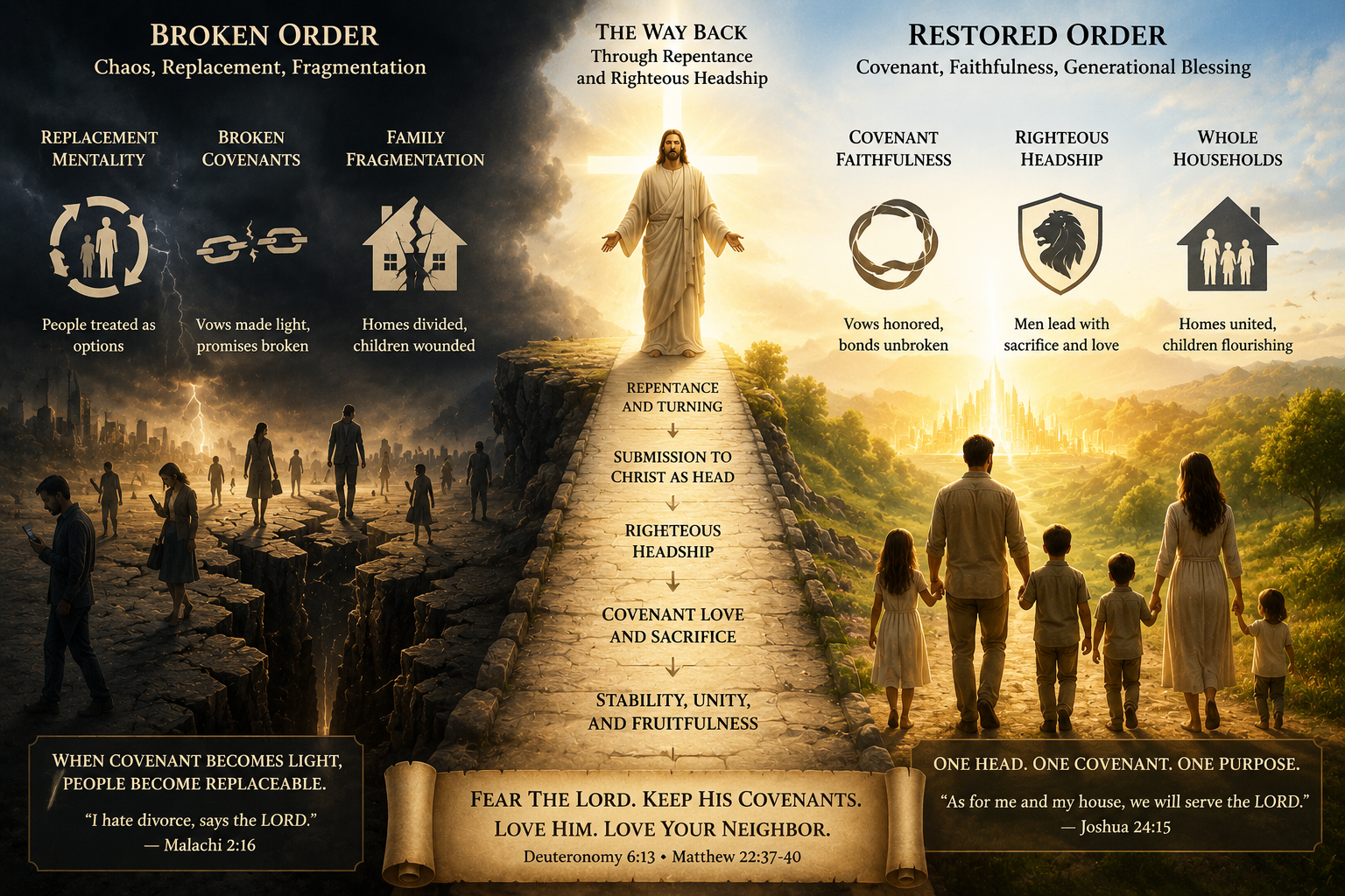 A wide infographic style image contrasting broken order with restored order through repentance, righteous headship, covenant faithfulness, and household stability under Christ.