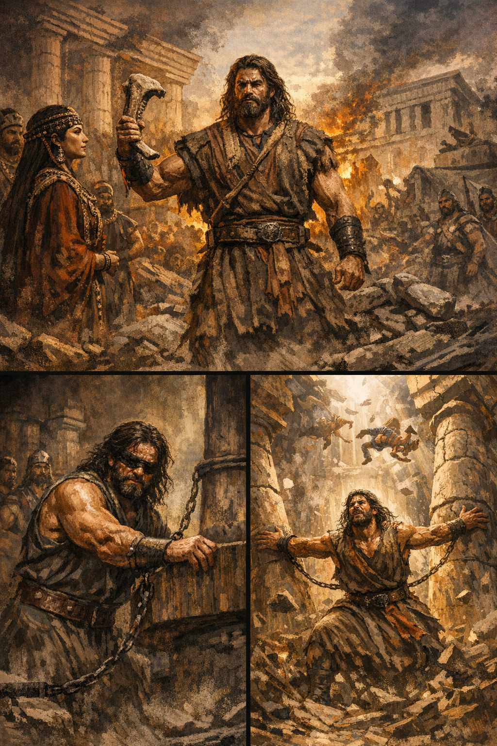 Samson: asymmetric warfare triptych (jawbone, captivity, temple collapse)