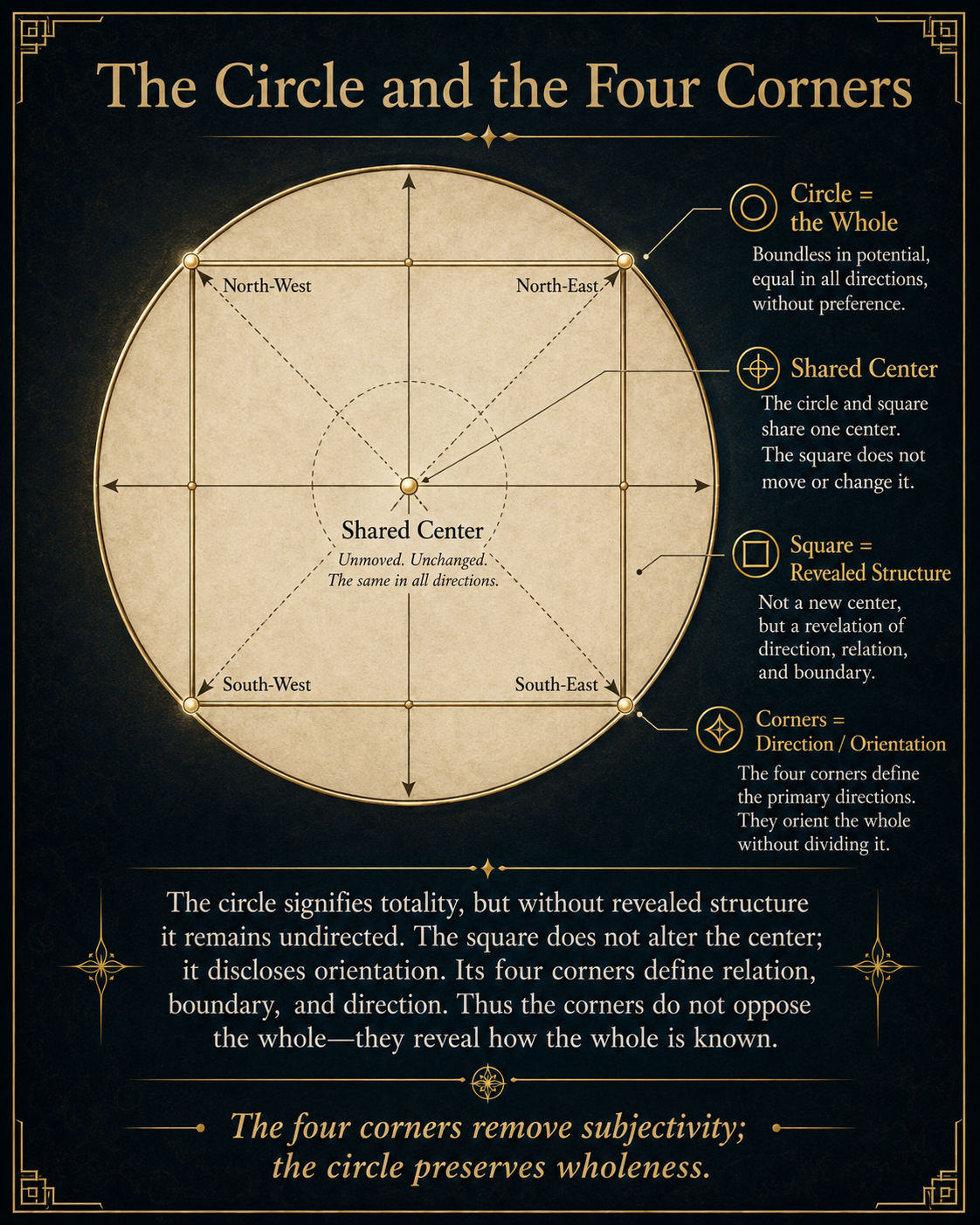 Diagram showing a square inside a circle with shared center, four corners, and directional orientation