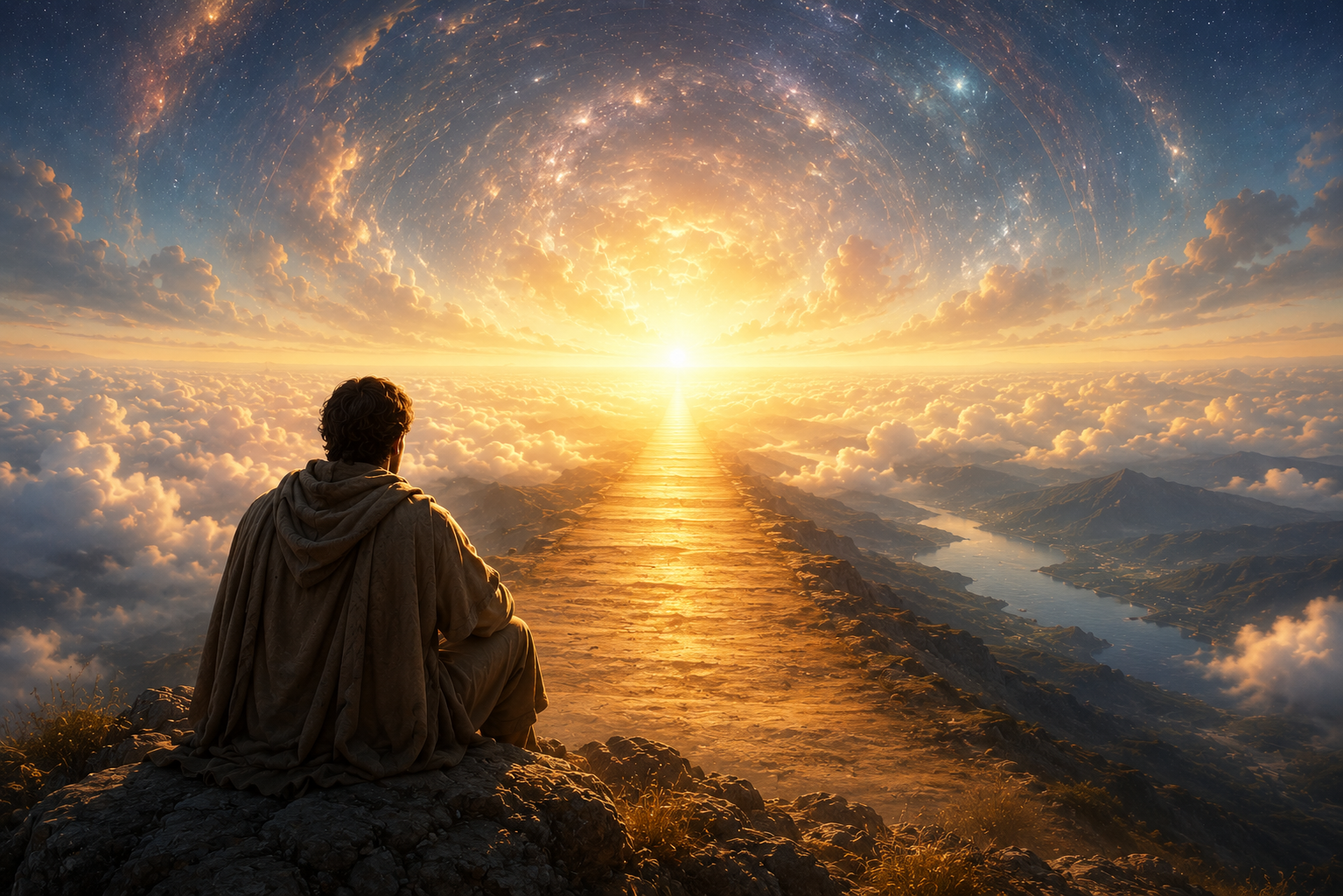 A man seated above the clouds before a golden horizon and a cosmic sky, representing a resurrection-minded view of Scripture from above linear time