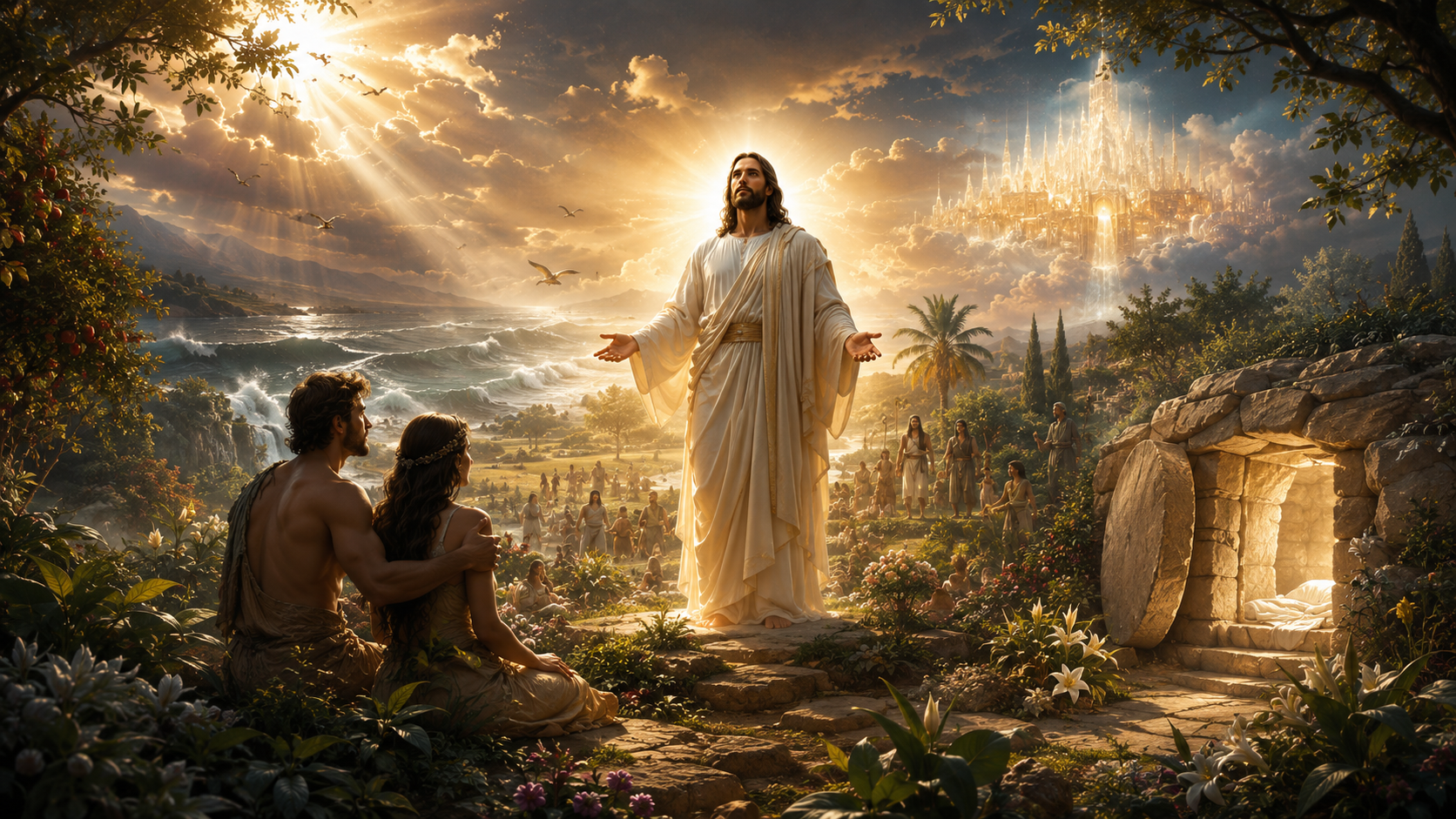 Symbolic scene of creation, resurrection, covenant order, and the restored city under Yeshua