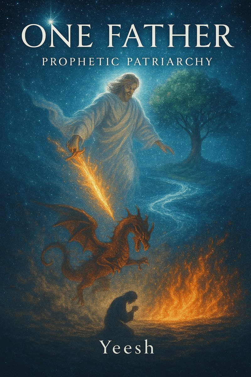 One Father — Prophetic Patriarchy, original cover. The risen Messiah with a flaming sword stands over a dragon and a kneeling man, beneath the tree of life and a living stream.