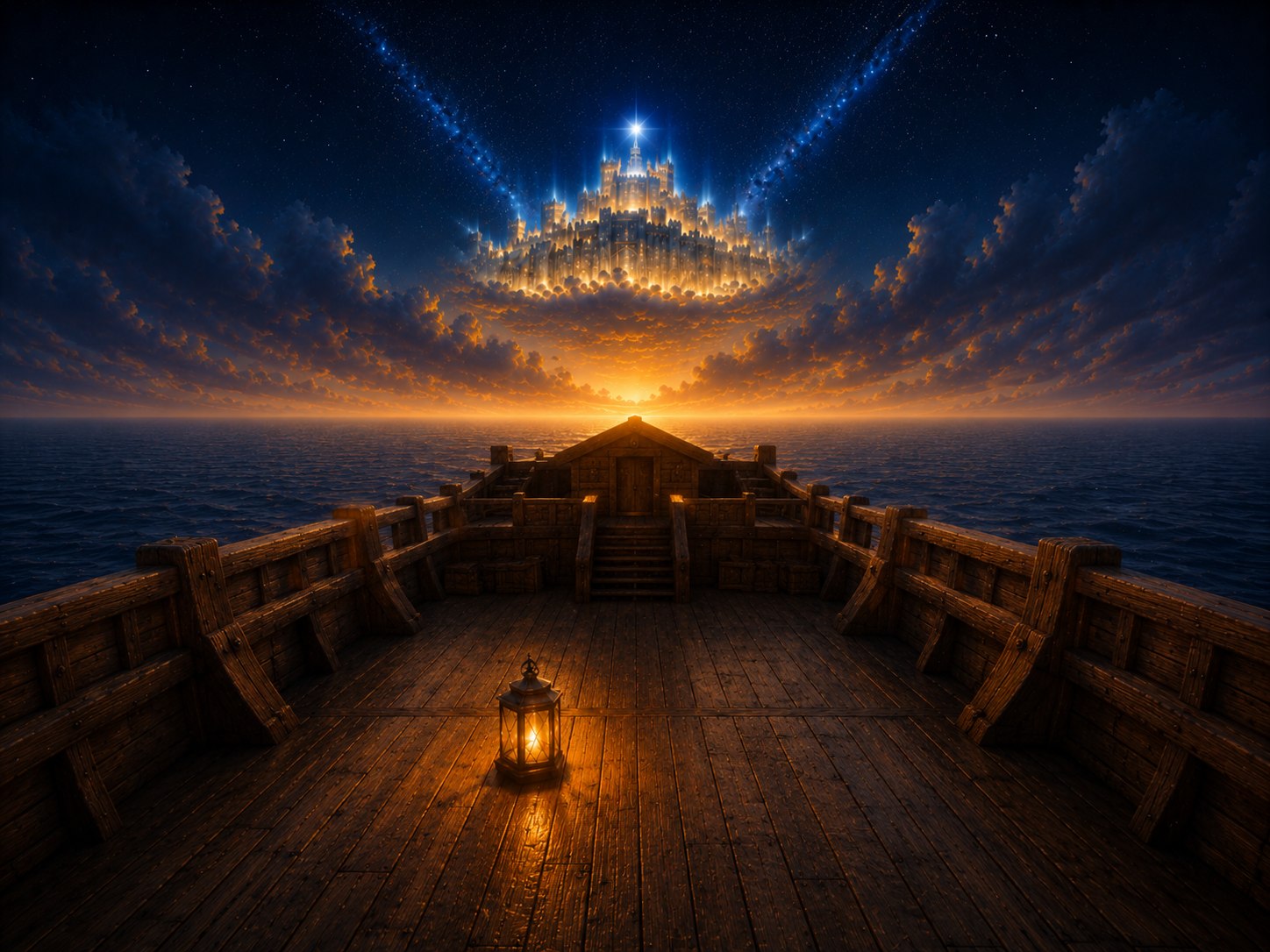 The deck of a vessel on gathered waters, one lantern lit, a shining city in the clouds ahead