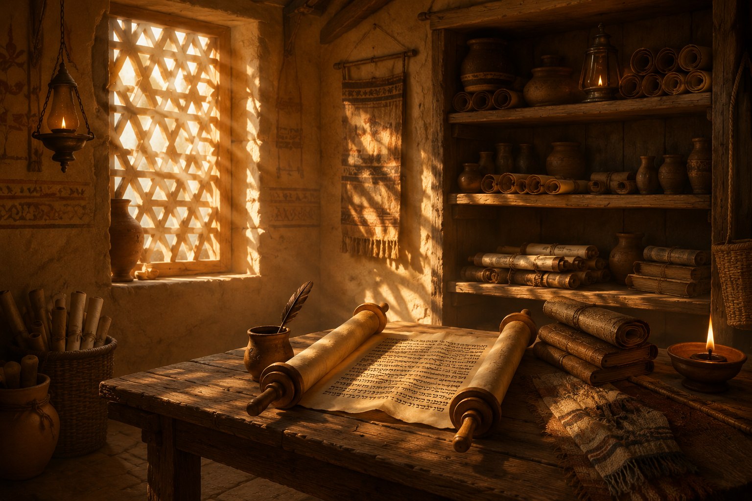 An ancient storehouse at night, its doors ajar and lantern-lit, a shining city on the far horizon